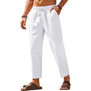 Men's Linen Casual Pants Elastic Waist Drawstring Trousers Summer Pants